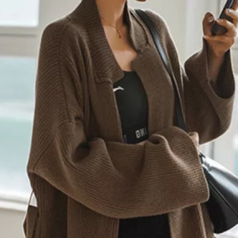 Chunky Below Knee Rib Belt Pocket Brown Cardigan Coat Maxi duster long sweater - Picture 4 of 10